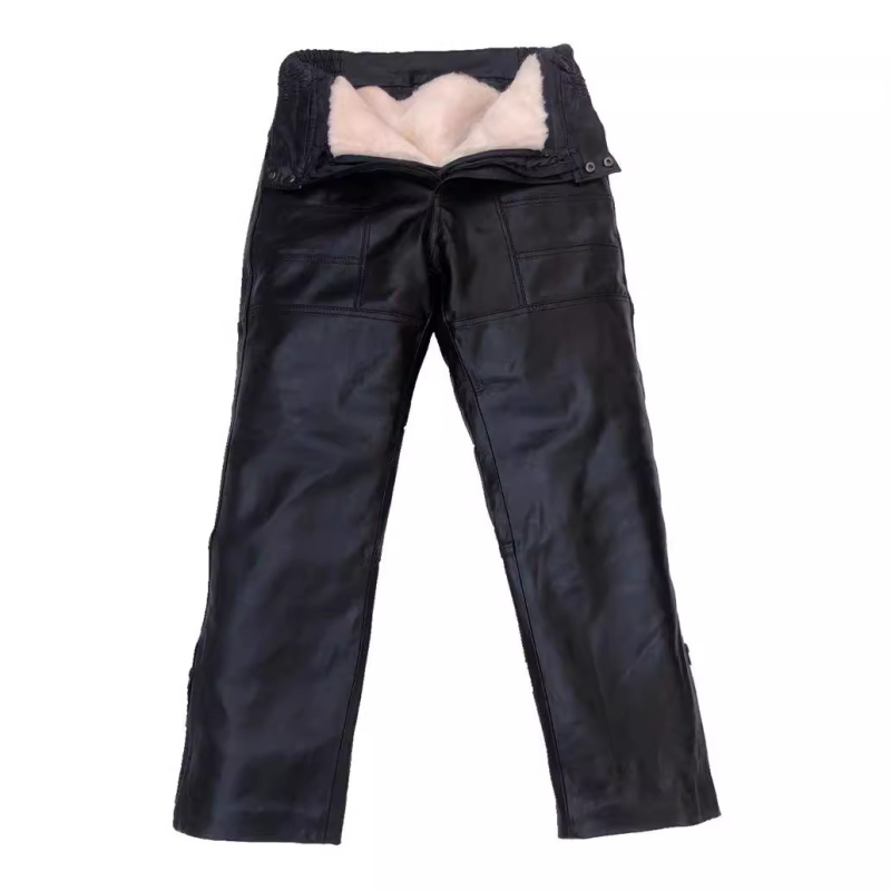 Vyriškos odinius šiltos kelnės žiemai, aukštas juosmuo, tiesus kirpimas, viduje shearling, storos