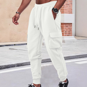 Ανδρικά χαλαρά παντελόνια για εργασία και casual με jacquard μικρών τετραγώνων, ελαστικό πολυεστερικό ύφασμα, πολλές τσέπες, μέση με ζώνη