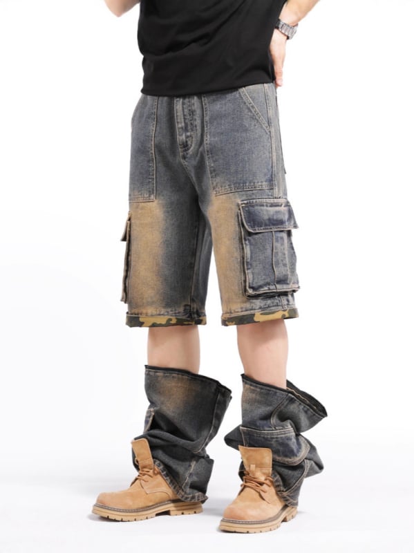 Férfiaknak készült farmernadrág, több zsebbel, széles szárú, középmagas derék, pamut denim, cipzáros záródás