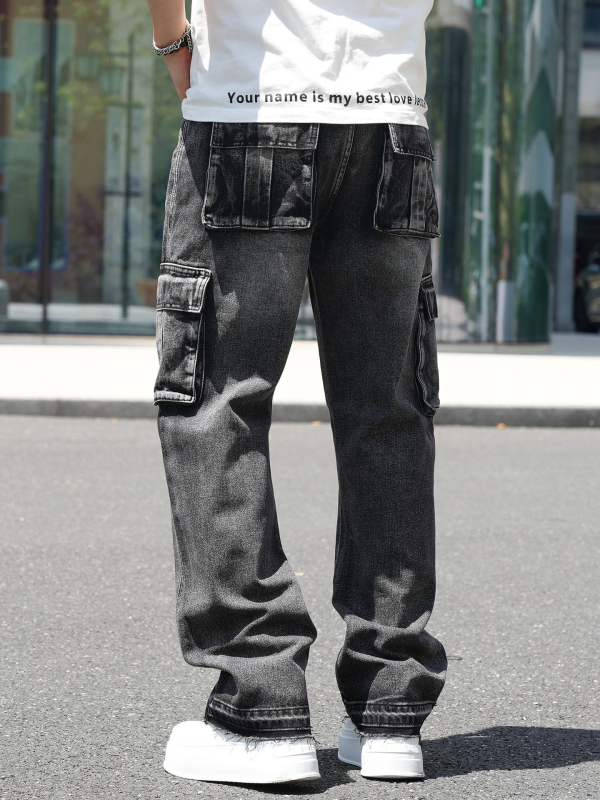 Férfiaknak készült farmernadrág, több zsebbel, széles szárú, középmagas derék, pamut denim, cipzáros záródás