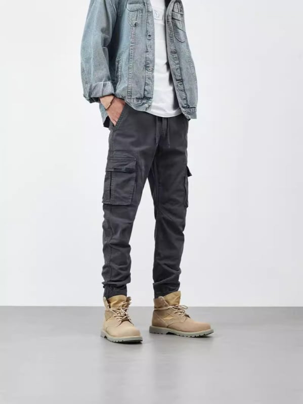 Szabadidős munkás nadrág több zsebbel, 97% pamut, középmagas derekú, cipzár, tavasz–ősz