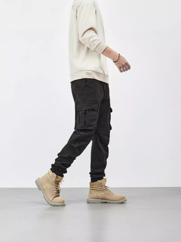 Szabadidős munkás nadrág több zsebbel, 97% pamut, középmagas derekú, cipzár, tavasz–ősz