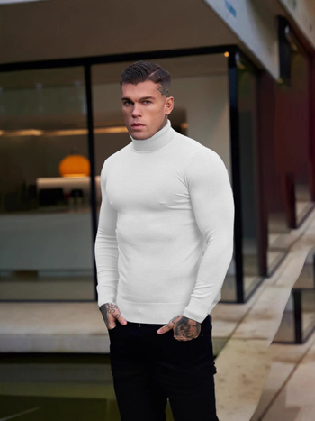 Мъжки пуловер с мускулест силует, обратима висока яка, плетен от core-spun прежда, 97% полиестер
