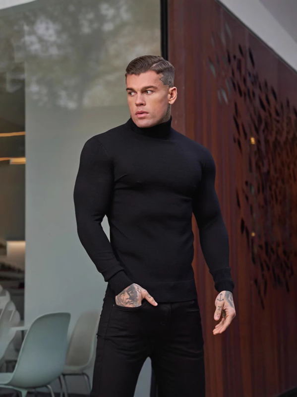 Muški džemper s mišićavim krojem, obostrano visoki ovratnik, pleteni od core-spun vlakana, 97% poliester