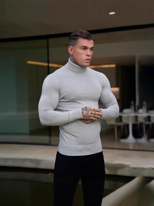Muški džemper s mišićavim krojem, obostrano visoki ovratnik, pleteni od core-spun vlakana, 97% poliester