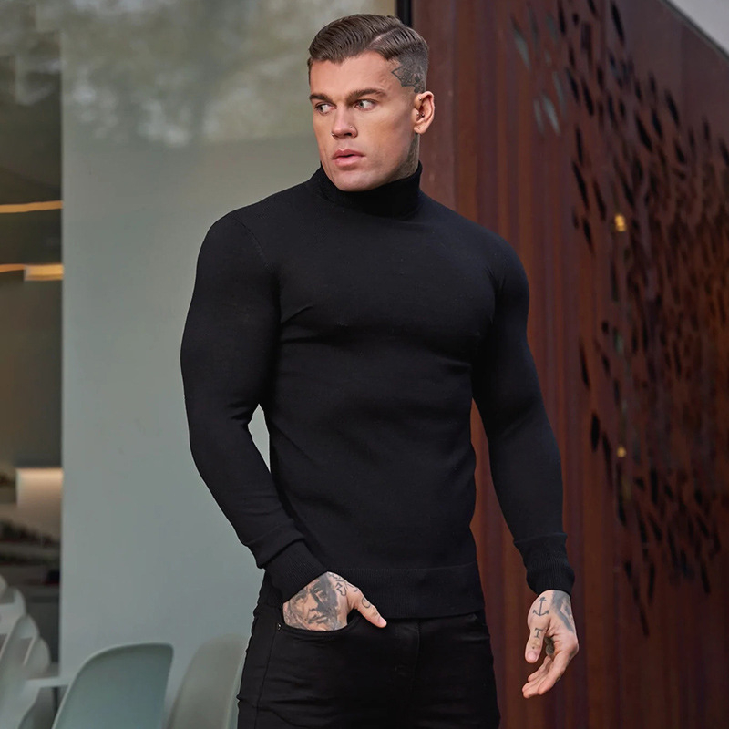 Muški džemper s mišićavim krojem, obostrano visoki ovratnik, pleteni od core-spun vlakana, 97% poliester