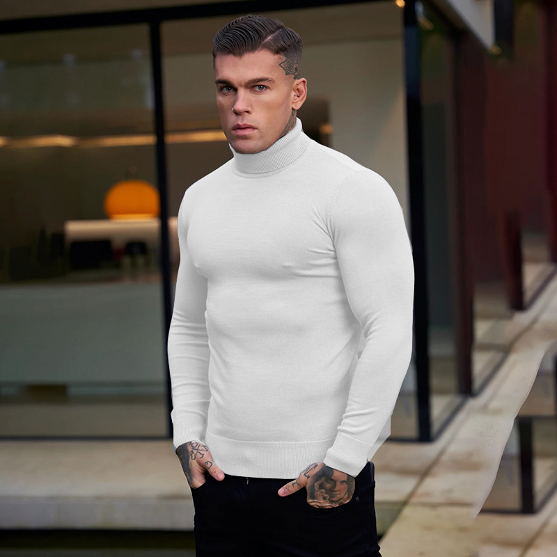 Muški džemper s mišićavim krojem, obostrano visoki ovratnik, pleteni od core-spun vlakana, 97% poliester