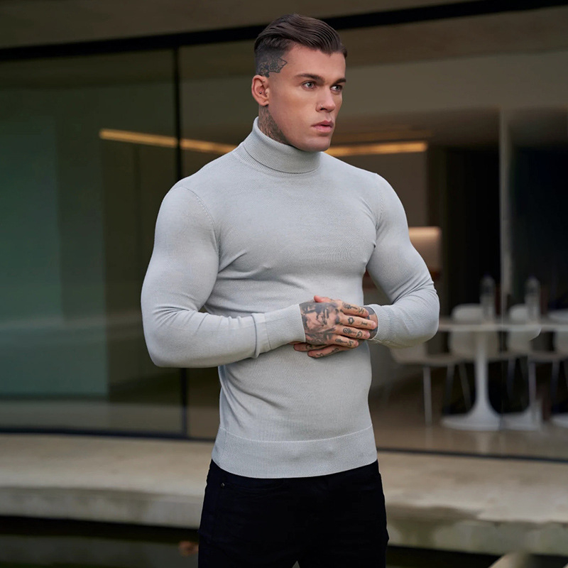 Muški džemper s mišićavim krojem, obostrano visoki ovratnik, pleteni od core-spun vlakana, 97% poliester