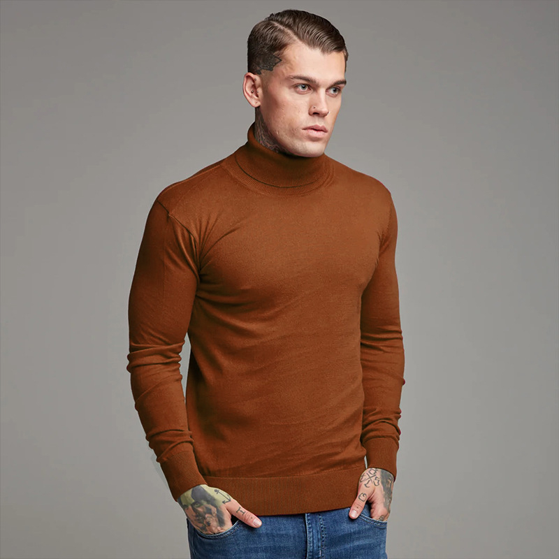 Muški džemper s mišićavim krojem, obostrano visoki ovratnik, pleteni od core-spun vlakana, 97% poliester