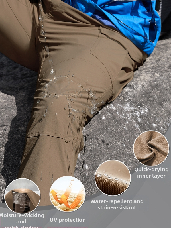 Мъжки бързосъхнещи панталони за туризъм и алпинизъм, еластичен найлон, едноцветни, с много джобове.