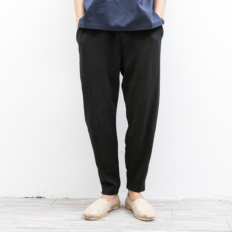 Pantaloni casual pentru bărbați din in și cânepă, talie medie, închidere cu șnur, croială largă, manșete la gleznă