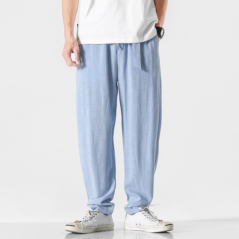 Pantaloni casual pentru bărbați din in și cânepă, talie medie, închidere cu șnur, croială largă, manșete la gleznă