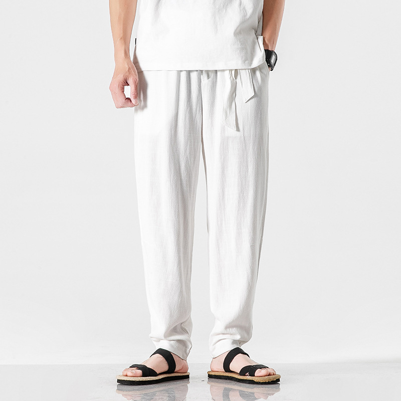 Pantaloni casual pentru bărbați din in și cânepă, talie medie, închidere cu șnur, croială largă, manșete la gleznă