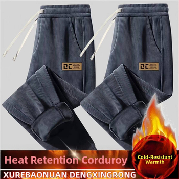 Ανδρικά παντελόνια από κορντουρύ με fleece επένδυση, χειμερινά αθλητικά-καθημερινά, χαλαρή γραμμή, μέση μεσαία, σχέδιο με γράμματα