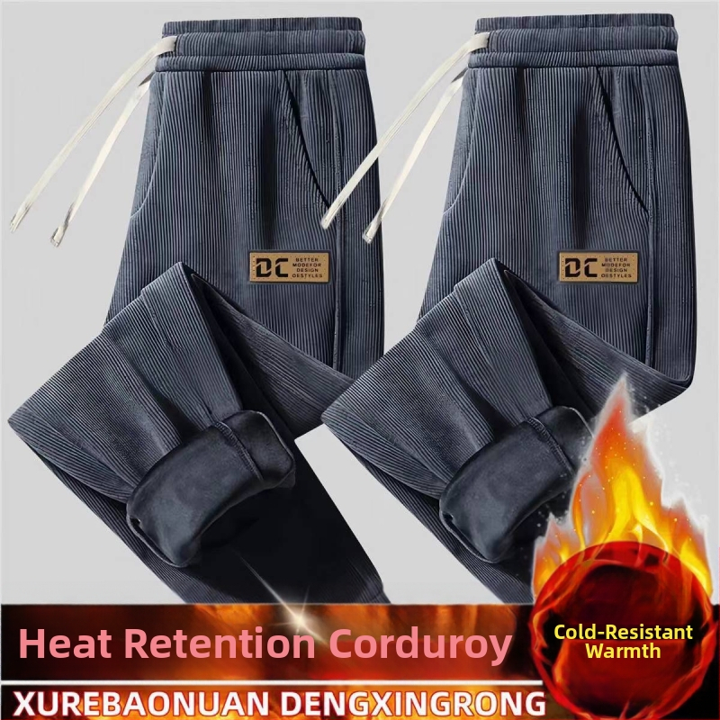 Мъжки спортно-ежедневни панталони от кърдюра, подплатени флийс, зимни, свободен крой, средна талия, модел с букви