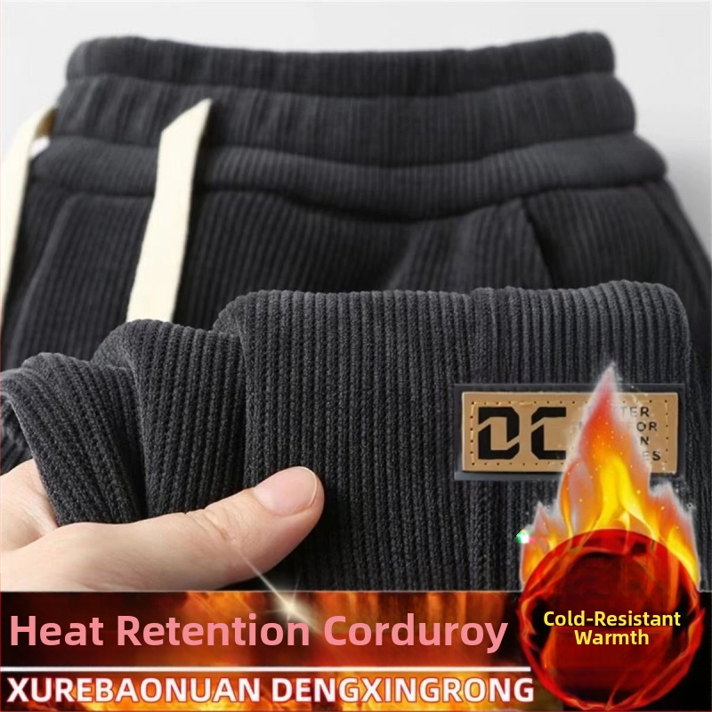 Мъжки спортно-ежедневни панталони от кърдюра, подплатени флийс, зимни, свободен крой, средна талия, модел с букви