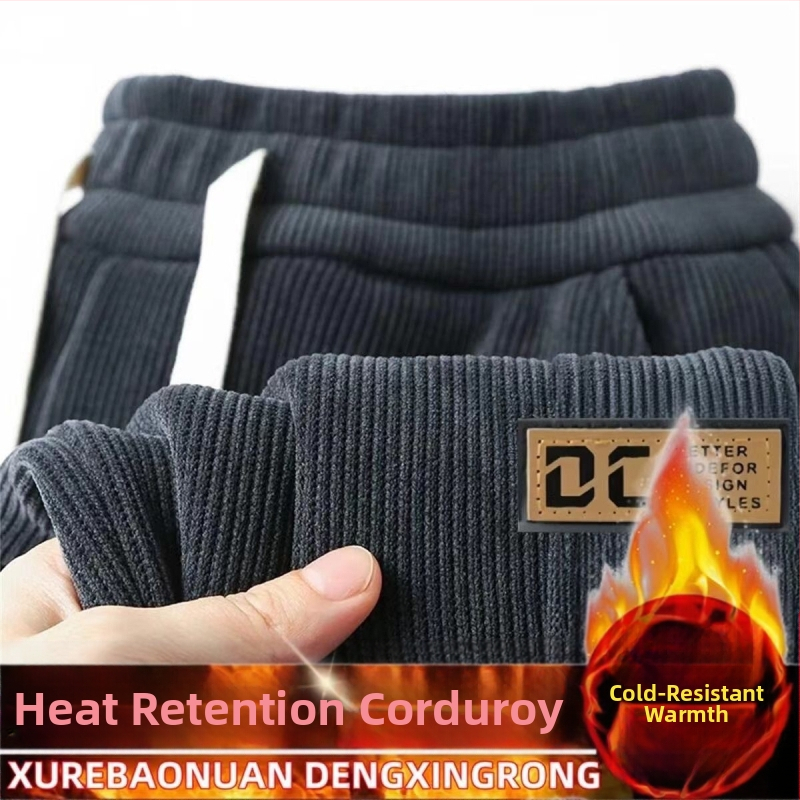 Мъжки спортно-ежедневни панталони от кърдюра, подплатени флийс, зимни, свободен крой, средна талия, модел с букви