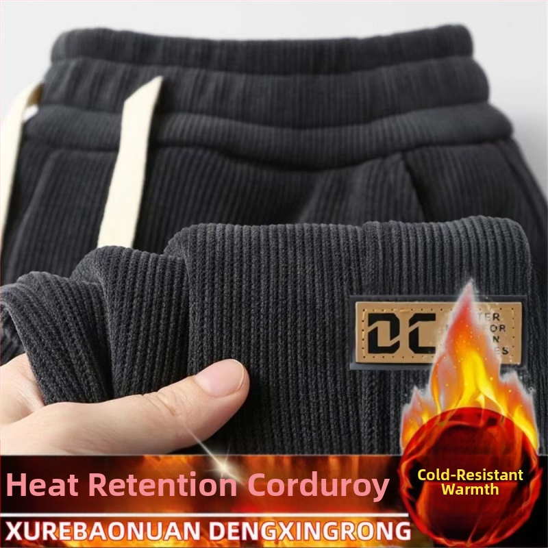 Мъжки спортно-ежедневни панталони от кърдюра, подплатени флийс, зимни, свободен крой, средна талия, модел с букви