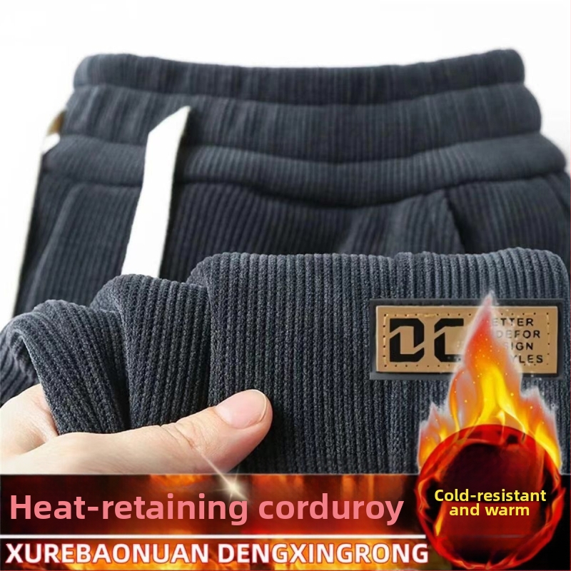 Мъжки спортно-ежедневни панталони от кърдюра, подплатени флийс, зимни, свободен крой, средна талия, модел с букви