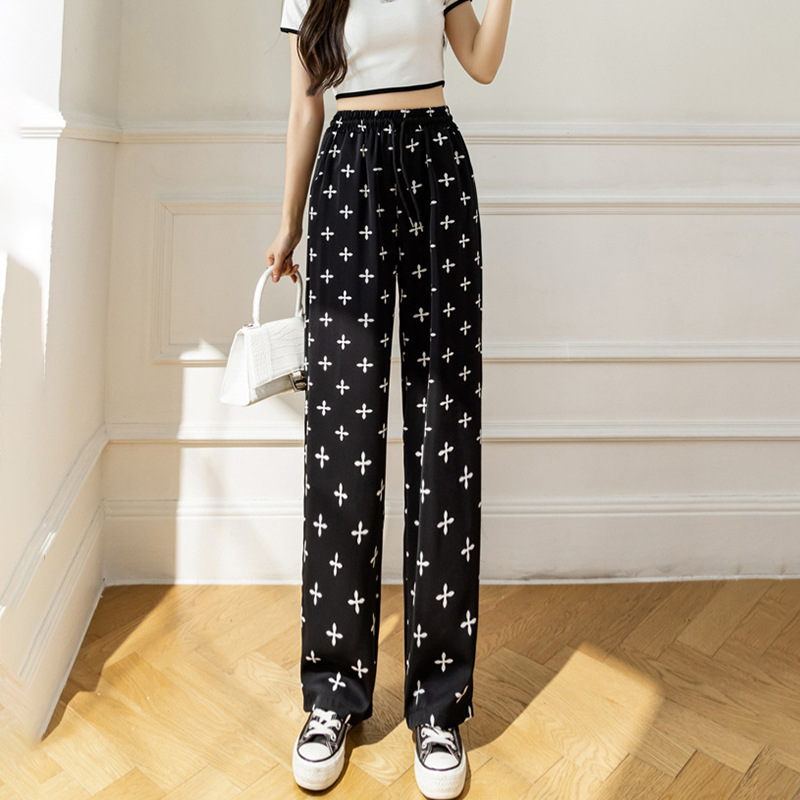 Széleslábú ice silk viszkóz nadrág, magas derék, mintázat, mikroelaszticitás