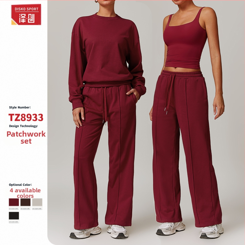 Set trening pentru femei din nylon periat – all-season, model solid, 78% nylon, 22% spandex, top cu mânecă lungă, pantaloni talie înaltă și croială wide-leg