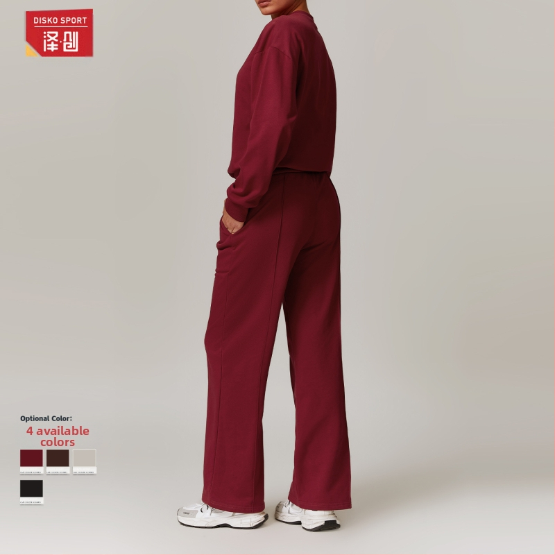 Дамски спортен комплект със суитшърт и долнище, дълъг ръкав, висока талия, широки крачоли, едноцветен модел, 78% найлон / 22% спандекс