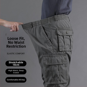 Ανδρικά χαλαρά παντελόνια εργασίας με επένδυση φλις, ίσια γραμμή, πολλαπλές τσέπες, βαμβάκι, φθινόπωρο