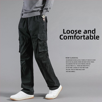 Ανδρικά χαλαρά παντελόνια εργασίας με επένδυση φλις, ίσια γραμμή, πολλαπλές τσέπες, βαμβάκι, φθινόπωρο