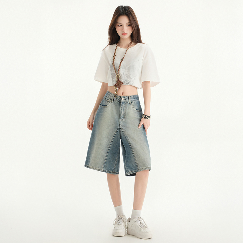 Дънкови дънки с висока талия, права кройка, distressed износване, памучен деним