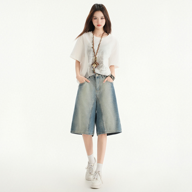 Дънкови дънки с висока талия, права кройка, distressed износване, памучен деним