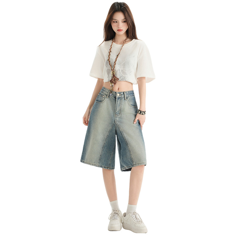 Дънкови дънки с висока талия, права кройка, distressed износване, памучен деним