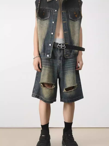 Ανδρικά σκισμένα denim σορτς, χαλαρή εφαρμογή, φαρδιά γραμμή, πλυμένα, 65% πολυεστέρας, άνοιξη 2024