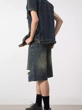 Ανδρικά σκισμένα denim σορτς, χαλαρή εφαρμογή, φαρδιά γραμμή, πλυμένα, 65% πολυεστέρας, άνοιξη 2024