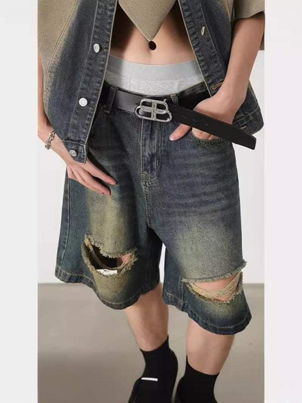 Ανδρικά σκισμένα denim σορτς, χαλαρή εφαρμογή, φαρδιά γραμμή, πλυμένα, 65% πολυεστέρας, άνοιξη 2024