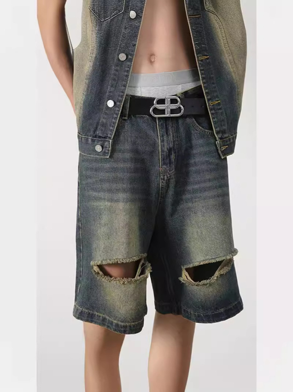 Laisvai kirpti džinsiniai šortai vyrams, plati kojos, išplauti, 65% poliesteris, pavasaris 2024