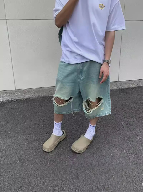 Laisvai kirpti džinsiniai šortai vyrams, plati kojos, išplauti, 65% poliesteris, pavasaris 2024