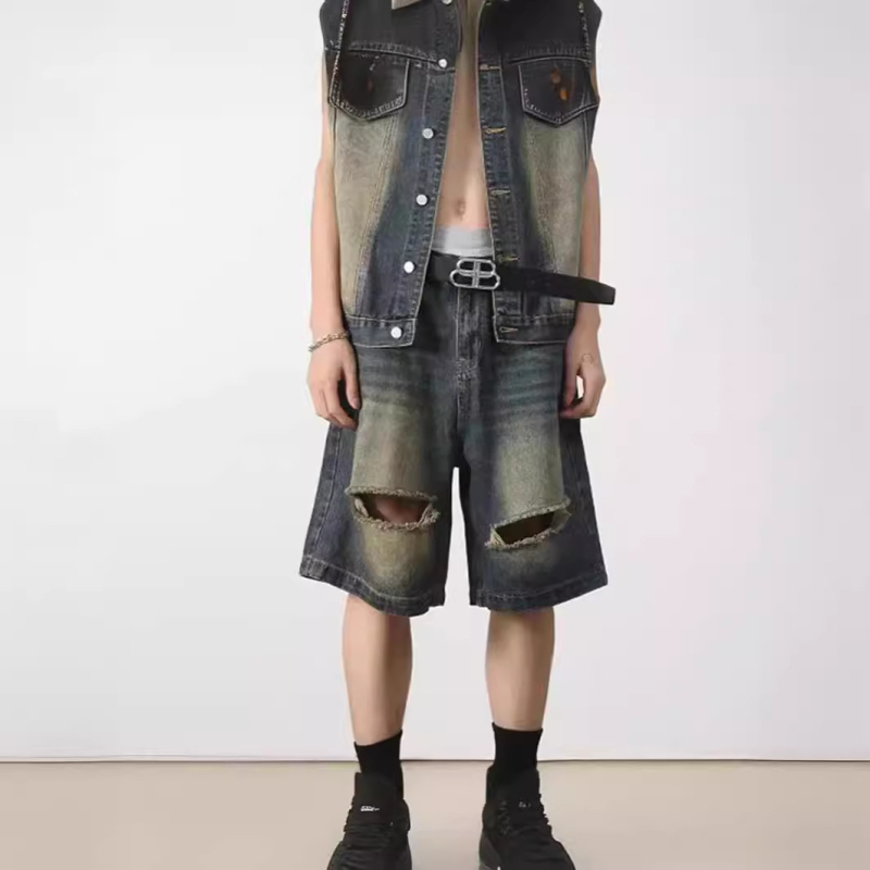 Ανδρικά σκισμένα denim σορτς, χαλαρή εφαρμογή, φαρδιά γραμμή, πλυμένα, 65% πολυεστέρας, άνοιξη 2024