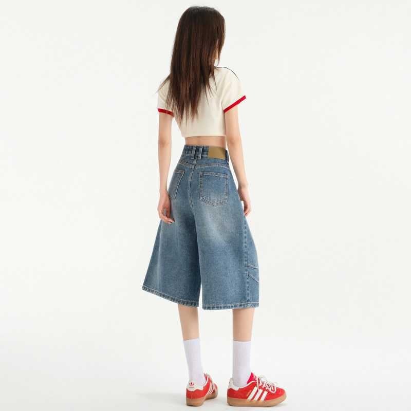 Női széleslábú farmernadrág, magas derekú, cropolt hosszúságú, városi stílus, pamut-poliészter keverék (70–80% pamut, <30% poliészter)