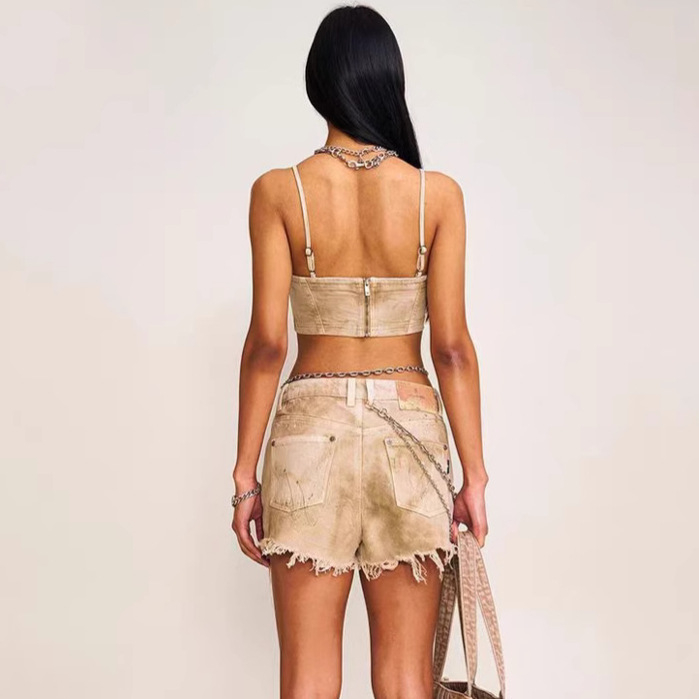 Denim rövidnadrág, alacsony derék, pamut, közepes vastagság, tie-dye mintázat, street hipster stílus