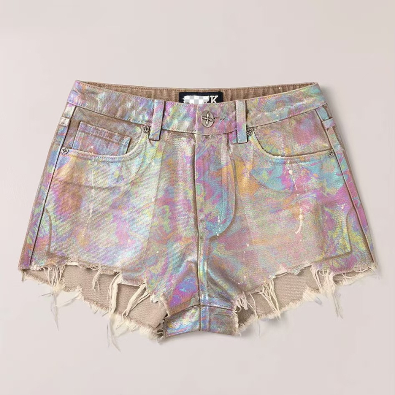 Denim rövidnadrág, alacsony derék, pamut, közepes vastagság, tie-dye mintázat, street hipster stílus