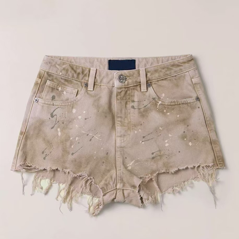 Denim rövidnadrág, alacsony derék, pamut, közepes vastagság, tie-dye mintázat, street hipster stílus