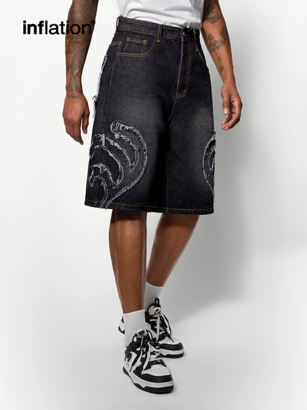 Džinsiniai šortai su tiesiu kirpimu, whisker efektas, vasara 2024, Jiewan International