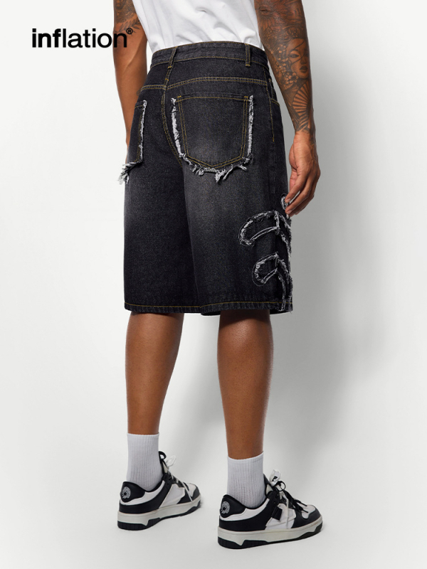 Džinsiniai šortai su tiesiu kirpimu, whisker efektas, vasara 2024, Jiewan International