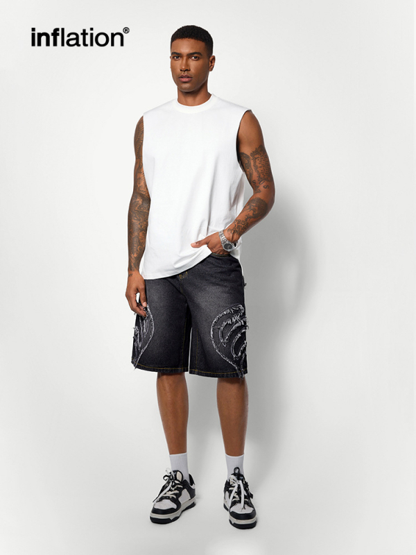 Džinsiniai šortai su tiesiu kirpimu, whisker efektas, vasara 2024, Jiewan International