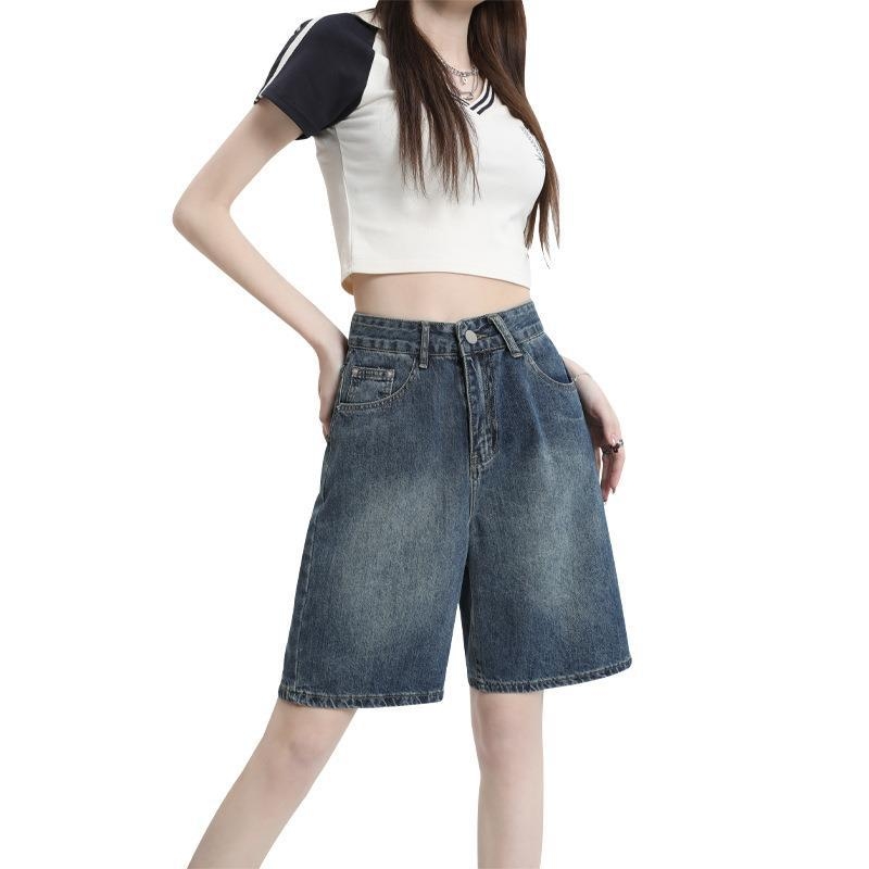 Női denim rövidnadrág - magas derekú, egyenes szabás, pamut/poliészter denim, vasalás nélkül