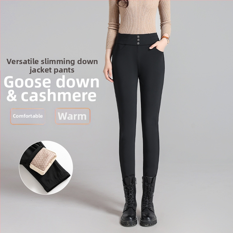 Дамски панталони с гъши пух, подплатени с флис, зимни, висока талия, тясна кройка, полиестерна материя със спандекс