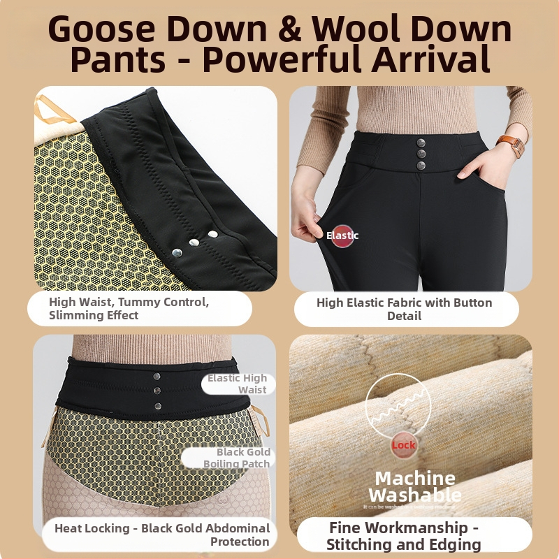 Дамски панталони с гъши пух, подплатени с флис, зимни, висока талия, тясна кройка, полиестерна материя със спандекс