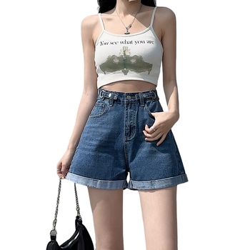 Női pamut rövidnadrág, magas derekú, A-vonalú szabás, 3/4 hossz, mindennapi stílus