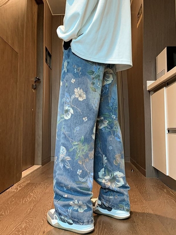 Мъжки дънкови джинси, свободна кройка, широки крачоли, средна талия, измити, 75% памук