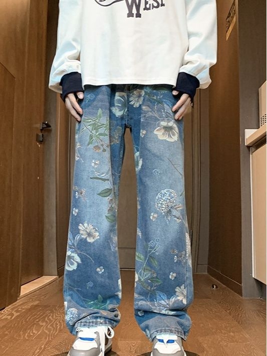 Blugi denim pentru bărbați, croială lejeră, picioare largi, talie medie, spălați, 75% bumbac